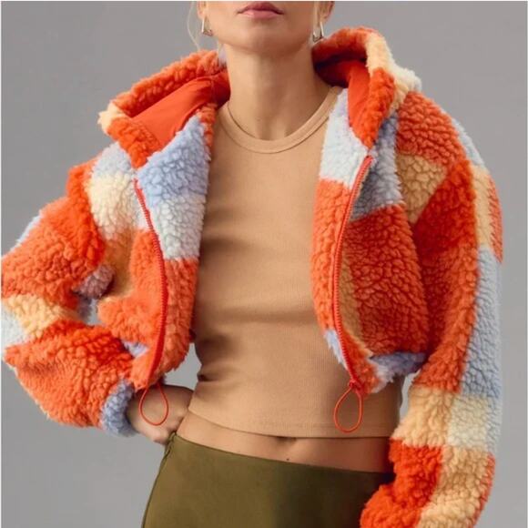 Anthropologie Daily Practice Faux Shearling Crop Zip-Up Jacket Orange Plaid XS - Picture 1 of 9